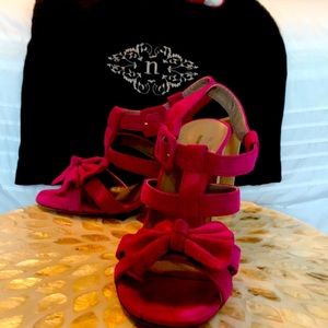 Nanette Lepore pink suede sandal w/3.5” wood heel